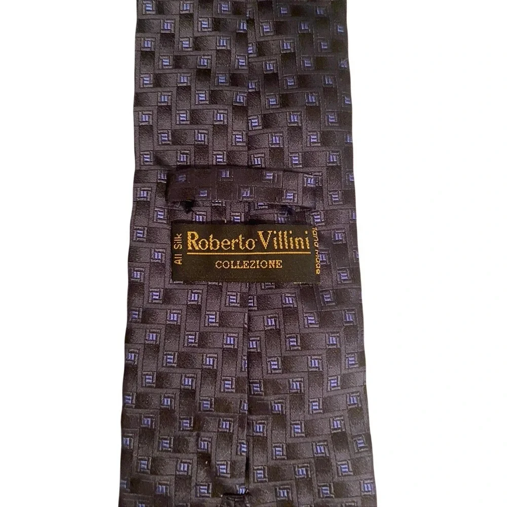 Roberto Villini Collezione Navy Blue Black Geometric Silk Hand Made Necktie